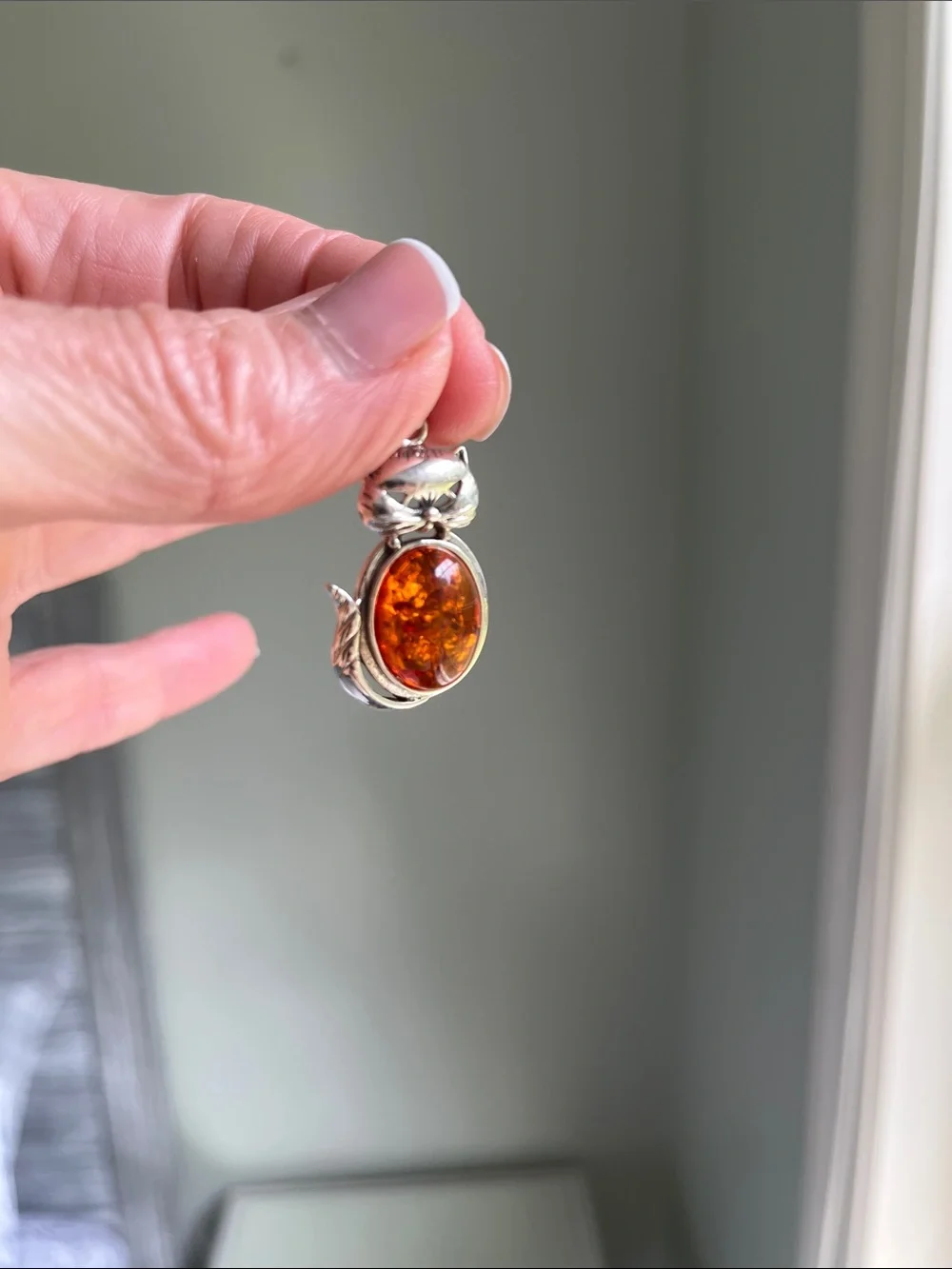 Sterling Silver Cat Pendant with Amber Stone - Brown